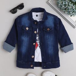 Ministitch Full Sleeves Washed Denim Jacket With Half Sleeves Text Printed T Shirt - White And Navy Blue-image-47