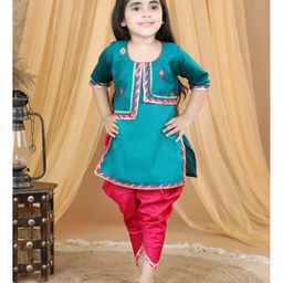 Kinder Kids Three Fourth Sleeves Gota Patti Detailed Kurta Dhoti - Green Pink-image-42