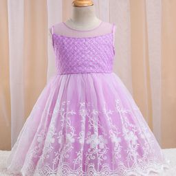 Babyhug Sleeveless Textured & Floral Embroidered Party Frock - Lavender-image-63