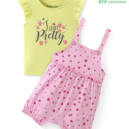Babyoye 100% Cotton Interlock  Dungarees & Frill Sleeves T-Shirt Set With Text & Polka Dots Print - Yellow & Pink-image-84