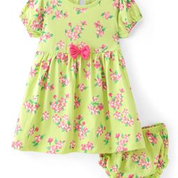Babyhug Single Jersey Knit Floral Printed Frock with Bloomer & Bow Applique - Yellow-picture-47