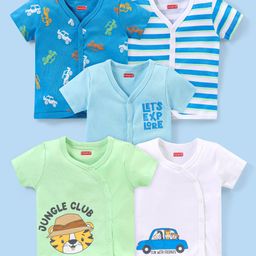 Babyhug 100% Cotton Knit Half Sleeves Safari Car Printed Jhablas Pack of 5 - Multicolour-image-123