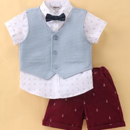ToffyHouse 100%  Cotton Woven Half Sleeves Party Suit with Bow & Waist Coat Anchor Print - Maroon & White-image-78