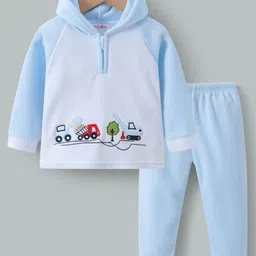 Kookie Kids Full Sleeves Hooded Winter Wear T-Shirt & Pant Set with Truck Embroidery - Blue & White-picture-38
