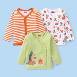 Babyhug 100% Interlock Cotton Knit Full Sleeves Front Open Antibacterial Vests with Stripes & Animal Print Pack of 3 - Orange Green & White-picture-16