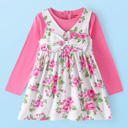 Babyhug Single Jersey Knit Frock with Full Sleeves Inner Tee Floral Print & Bow Applique - Pink & White-image-97
