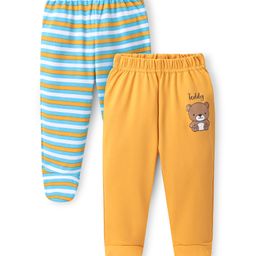 Doodle Poodle Interlock Cotton Knit Striped Footed Bootie Leggings with Teddy Print Pack of 2 - White & Yellow-image-90