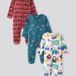 Bonfino 100% Cotton Knit Full Sleeves Sleep Suits With Vehicles Print Pack Of 3 - Red White & Teal Blue-image-88