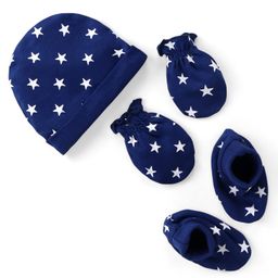 Babyhug 100% Cotton Interlock Knit Cap Mitten & Booties with Star Print - Navy Blue-image-18