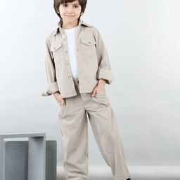 Aww Hunnie Corduroy Full Sleeves Solid Shirt With Tee & Joggers For Autumn & Winter - Beige & Winter-picture-11