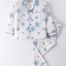 Nite Flite Cotton Knit Full Sleeves Snowflakes Printed Coordinating Night Suit - Off White-image-4