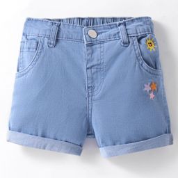 Bonfino Woven Knee Length Cotton Elastane Denim Shorts With Sun & Star Embroidery - Blue-image-53