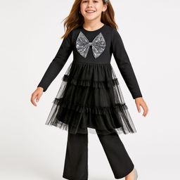 Arias Cotton Woven Full Sleeves Top & Flared Pants Set With Sequinned Bow Detailing - Black-image-8