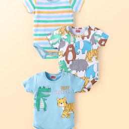 Babyhug Interlock Knit Half Sleeves Onesies With Animal & Dino Print Pack of 3 - Blue & White-image-101