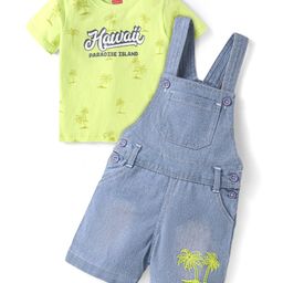 Babyhug Single Jersey Woven Dungaree & Half Sleeves T-Shirt With Tree Print - Blue & Green-image-53
