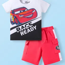 Babyhug Disney Single Jersey Knit Half Sleeves T-Shirt & Short Set With Car Graphics - White & Red-picture-4