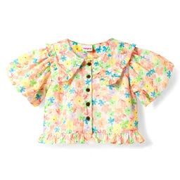 Babyhug Woven Puffed Sleeves Top with Floral Print - Cream-picture-25