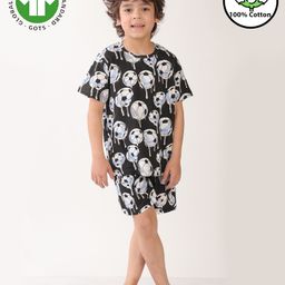 Anthrilo Cotton Knit Half Sleeves Football Printed Coordinating Tee & Shorts Set - Black-image-10