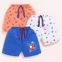 BUMZEE Cotton Knit Above Knee Length Shorts With Aeroplane & Giraffe Print Pack Of 3 - Blue Orange & White-image-69