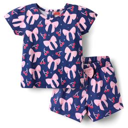 Babyhug Cotton Knit Half Sleeves Shorts Co-ord Night Suit With Bow - Navy Blue-image-79