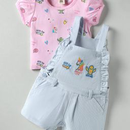 ToffyHouse Knitted Half Sleeves T-Shirt Dungaree Set with Hug Me Text Print & Embroidery - Light Blue & Pink-picture-14