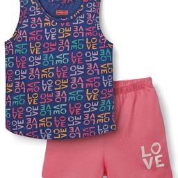 Babyhug 100% Cotton Single Jersey Knit Sleevelss Sando & Shorts Set With Text Print - Navy Blue & Pink-image-71