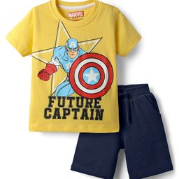 Babyhug Marvel Single Jersey Knit Half Sleeves T-Shirt & Shorts Set With Avengers Graphics - Yellow & Blue-image-44