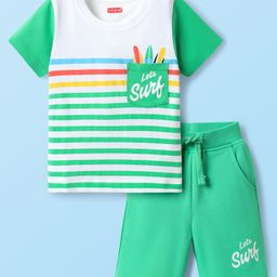 Babyhug Single Jersey Knit Half Sleeves T-Shirt & Shorts Set with Text Print & Stripes - Mint & White-image-96