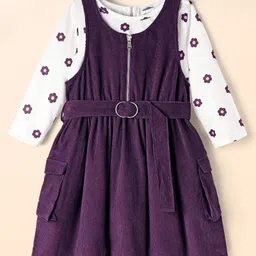 Hola Bonita Cotton Woven Corduroy Dungaree Dress With Floral Printed Full Sleeves Top & Belt - Purple-picture-33