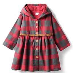 Babyhug Cotton Woven Full Sleeves Hooded Checks Front Open Frock With Belt - Maroon-image-30