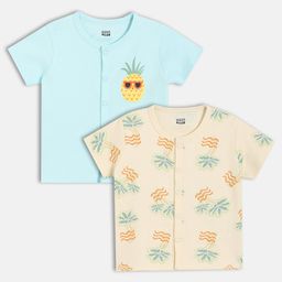MINI KLUB Cotton Knit Pack Of 2 Half Sleeves Pineapple & Trees Printed Jhablas - Yellow & Blue-picture-14