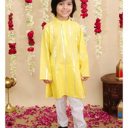 BownBee Pure Cotton Woven Full Sleeves Foil Striped Kurta Pyjama - Yellow-picture-41