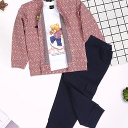 MASHUP Blended Full Sleeves Abstract Printed Jacket With Tee & Joggers Set - Peach image 3