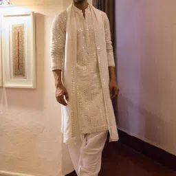 Ankit V Kapoor Men Embroidered Regular Silk Georgette Kurta with Salwar & With Dupatta image 1