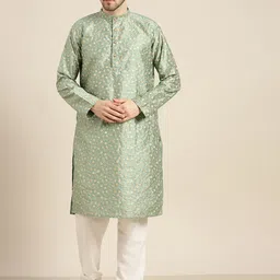 SOJANYA Men Green Embroidered Regular Sequinned Kurta with Churidar-29