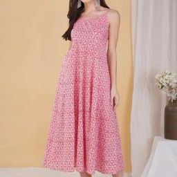 Akiso Pink Gulab Star Hand Block Printed Long Flared Dress With Spaghetti Straps And Smocked Back-picture-4