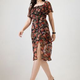 Globus Floral Printed Tie-Up Square Neck Puff Sleeves Side Slit Fit & Flare Midi Dress-picture-54