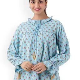 DMP FASHION Floral Printed Tie-Up Neck Puff Sleeves Cotton Pleated Tops-image-39
