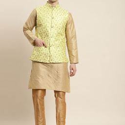 SOJANYA Men Golden & Lime Green Kurta with Churidar & Nehru Jacket-picture-2
