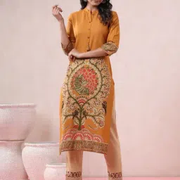 Juniper Mustard Ethnic Motif Printed Rayon Straight Kurta With Buttons & Tassels-1