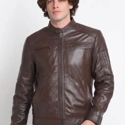 Teakwood Leathers Brown Mandarin Collar Leather Jacket-image-79