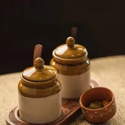 ExclusiveLane Old Fashioned Ceramic Jars With Hand Carved Tray-43