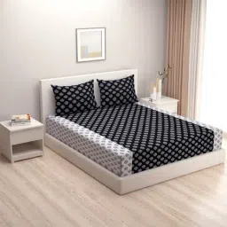 Swayam Black & White Cotton 200 TC, 1 Double Fitted Bedsheet With 2 Pillow Cover-image-38
