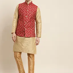SOJANYA Men Golden & Red Kurta with Churidar & Nehru Jacket-picture-2