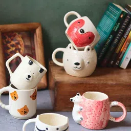 WEAVING HOMES White & Red 6 Pieces Ceramic Glossy Mugs-250 ml Each-48