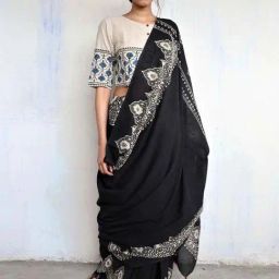Chidiyaa Black Block Printed Cotton Mul Saree - God-image-10