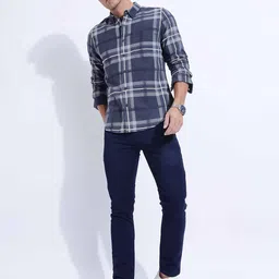 HERE&NOW Men Slim Fit Button-Down Collar Tartan Checked Cotton Casual Shirt-image-88