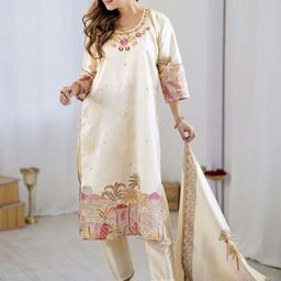 KALINI Floral Printed Thread Work Straght Kurta With Trousers & Dupatta image 5
