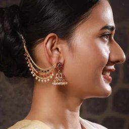 Aatmana Gold-Plated Pearls Green Magenta Stone Beaded Classic Layered Ear Chain-15