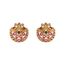 Aatmana 24CT Gold-Plated Ruby Stone AD Studded Peacock Shaped Temple Stud Earrings image 3